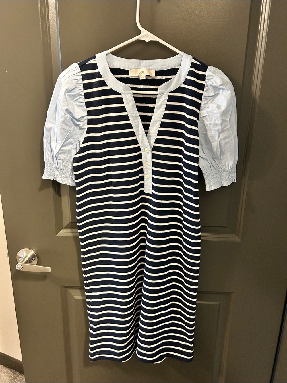 LOFT Navy and White Striped Dress with Light Blue Puff Sleeves